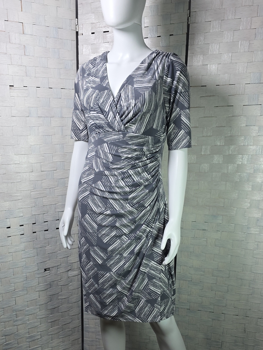 Grey Patterned Faux-Wrap Midi Dress with V-Neck
